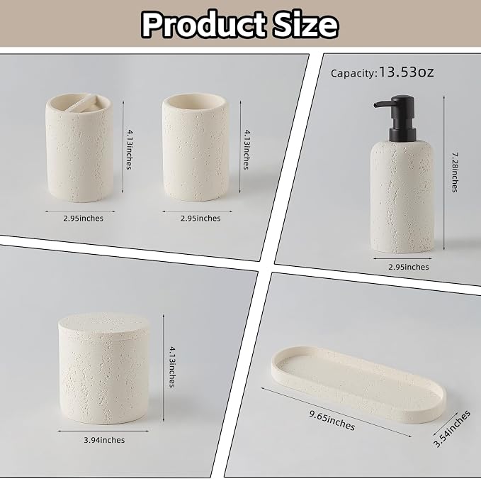 Bathroom Accessories Set, Travertine Stone-Look, Toothbrush Holder, Vanity Tray - Image 3