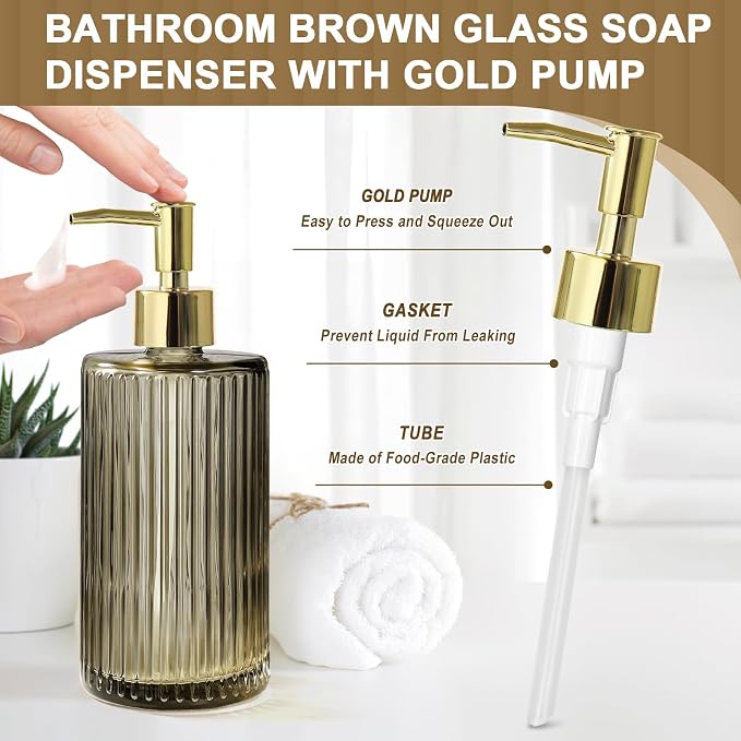 Brown Glass Bathroom Accessories 4 Pcs, Soap Dispenser and Toothbrush Holder Set - Image 3