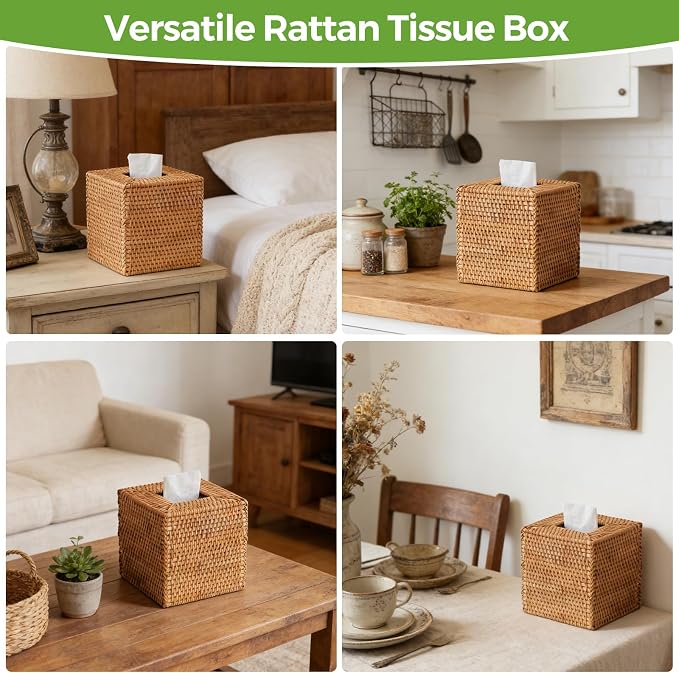 2 Pack Natural Rattan Tissue Box Cover, Hand Woven Square Wicker Holder - Image 6