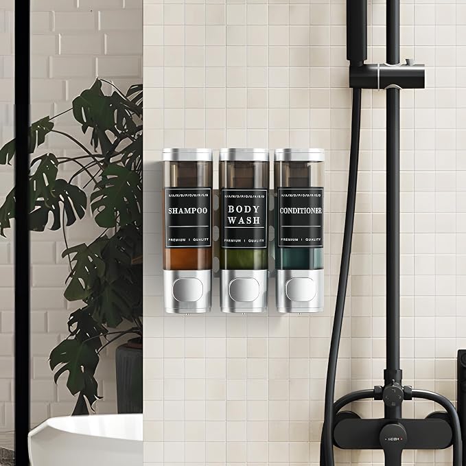 Shower Soap Dispenser 3 Chamber No Drill Wall-Mounted, Shampoo and Conditioner - Image 2