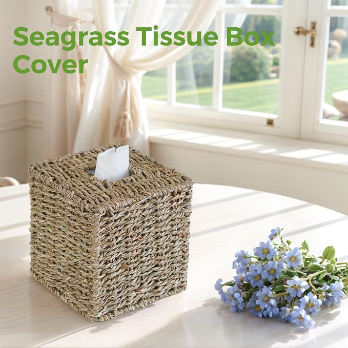 Seagrass Tissue Box Cover, Wicker Tissue Box Holder Square, Hand Woven Cube - Image 6
