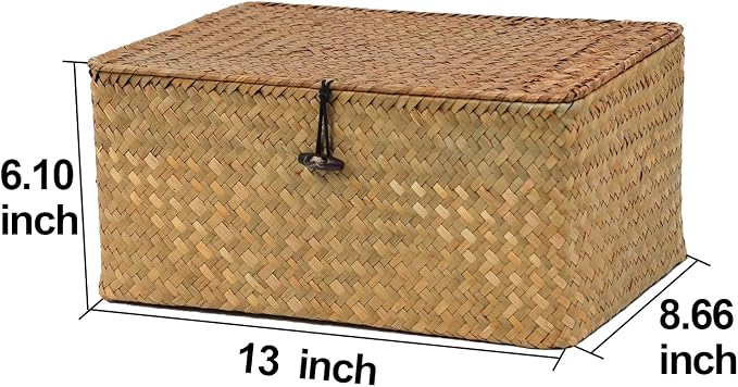 Wicker Storage Basket with Lid, Natural Seagrass Woven Shelf Basket - Image 4