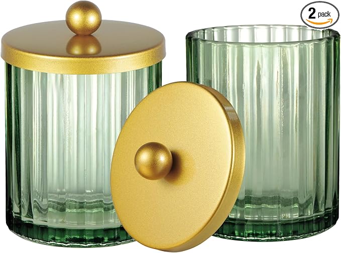 Amolliar Sage Green Glass Qtip Holder Dispenser, Bathroom Canister Apothecary by Amolliar
