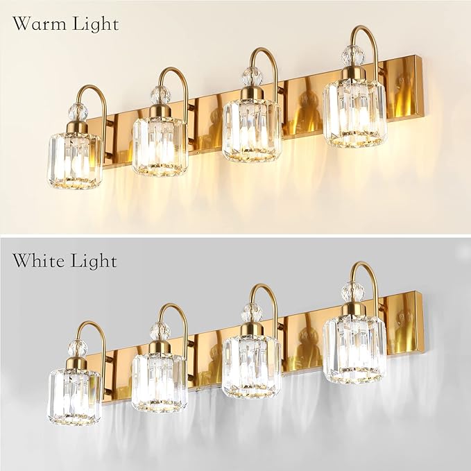 Ralbay Brass Gold Vanity Lights 4-Lights Crystal Bathroom Lighting Fixtures - Image 3