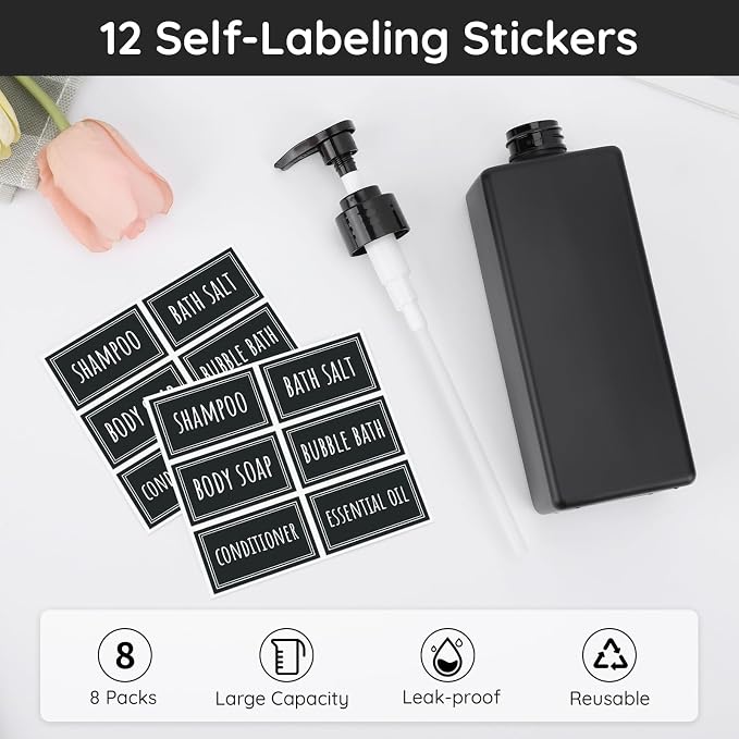 Segbeauty 8 Pack Bathroom Soap and Shampoo Dispenser, Matte Black Plastic - Image 2