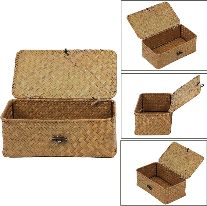 Wicker Storage Basket with Lid, Natural Seagrass Storage Baskets - Image 8