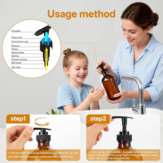 Vitreaux 16oz Amber Glass Soap Dispenser, 2 Pack Refillable Hand Soap Dispenser - Image 3