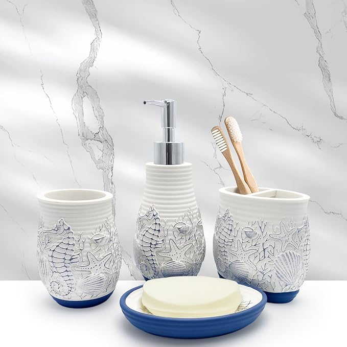 Beach Theme Bathroom Accessory Sets 4PCs Bathroom Set Complete Embossed - Image 8