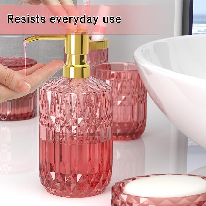 New Pink Glass Bathroom Accessories Set 5 Pcs, Soap Dispenser and Toothbrush - Image 4