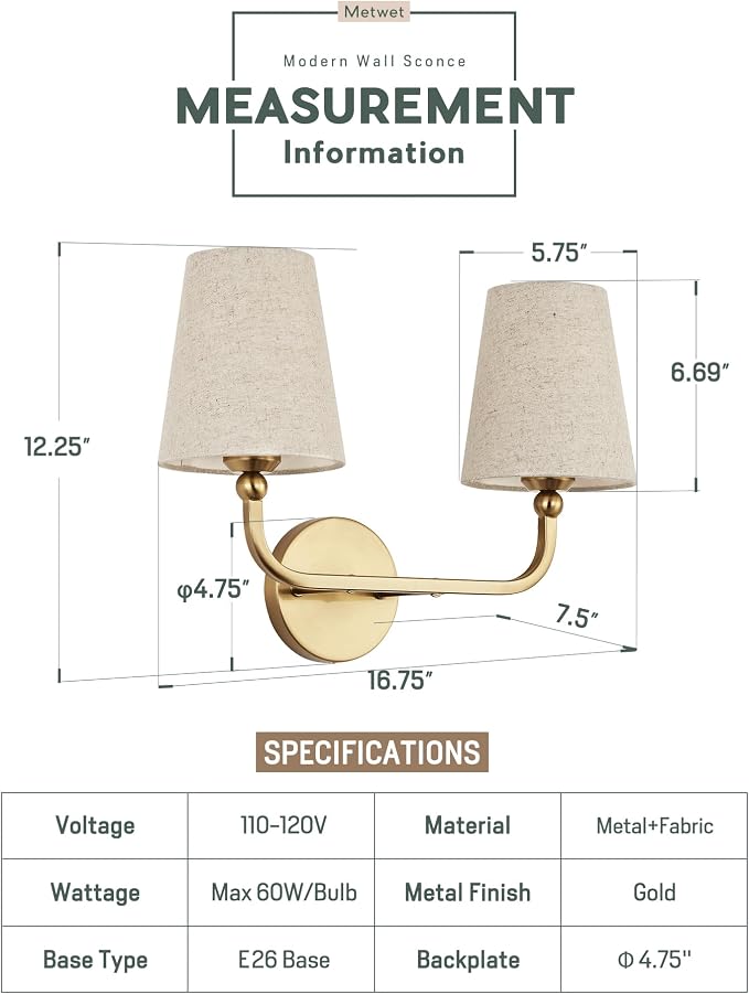 2-Light Bathroom Light Fixtures, Brushed Gold Vanity Lights, Double Wall Sconce - Image 2