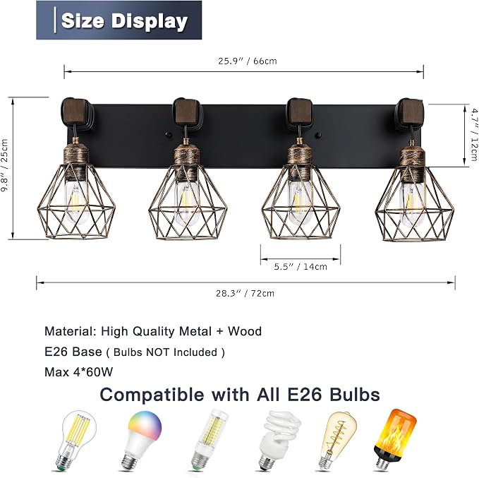 Farmhouse Bathroom Vanity Light Fixtures, 4-Light Black Gold Bathroom Light - Image 3