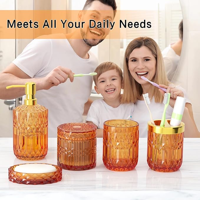 Orange Glass Bathroom Accessories Set 5 Pcs, Soap Dispenser and Toothbrush - Image 2