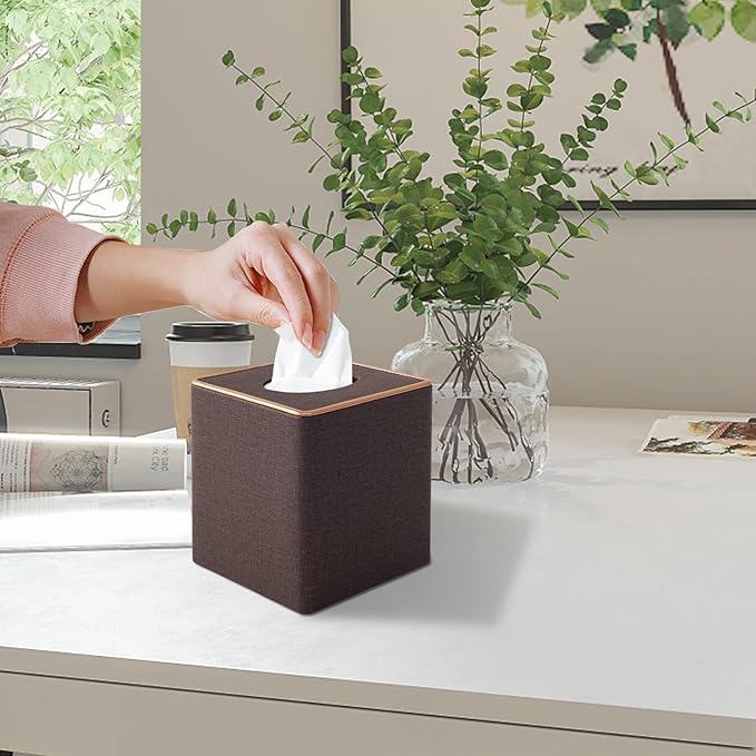 Linen Square Tissue Box Cover, Cube Tissue Box Holder－Excellent Rosegold - Image 4