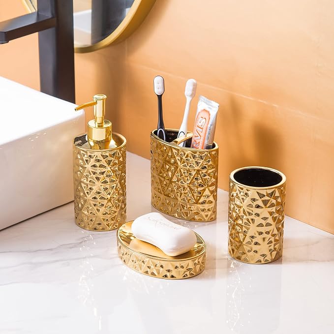 Gold Bathroom Accessory Sets 4 Piece Ceramic Gift Set Apartment Necessities - Image 3