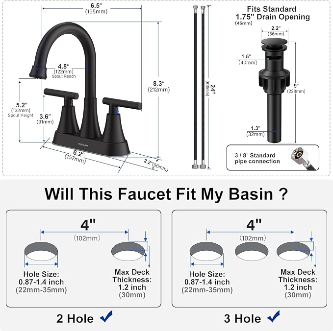 Bathroom Faucets for Sink 3 Hole, Hurran 4 inch Matte Black - Image 5