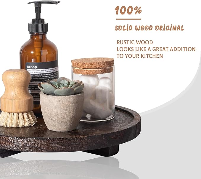 Round Decorative Tray Wood Bathroom Counter Organizer Farmhouse Kitchen Decor - Image 4