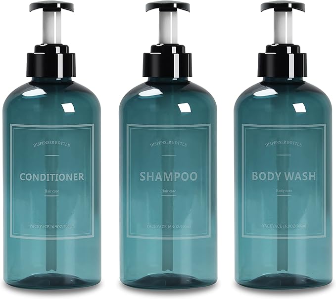 Shampoo Bottles with Pump, YACEYACE 3Pcs 16.9oz Blue Clear Empty Shampoo and by YACEYACE
