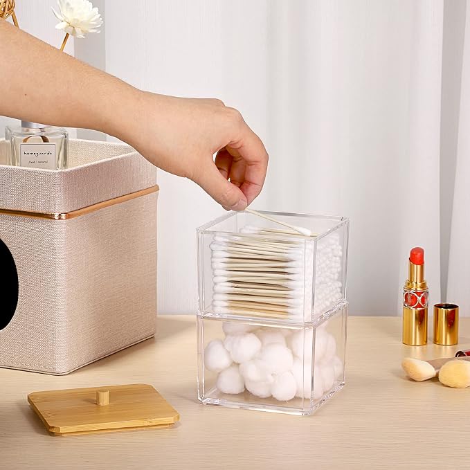 Hipiwe Clear Q-tip Dispenser Holder Acrylic Bathroom Containers 2-Tier Square - Image 7