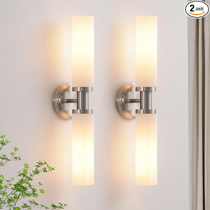 Wall Sconces Set of Two, Brushed Nickel Bathroom Sconces Wall Lighting by KUZZULL