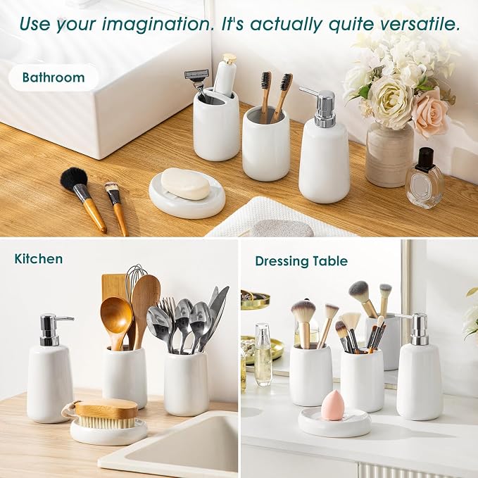 vancasso White Bathroom Accessories Set, Ceramic Soap Dispenser and Toothbrush - Image 5