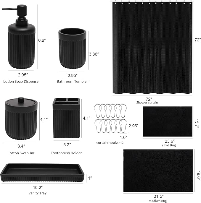 Matte Black Bathroom Sets with Shower Curtain and Rugs, 8-Piece Resin Bathroom - Image 7