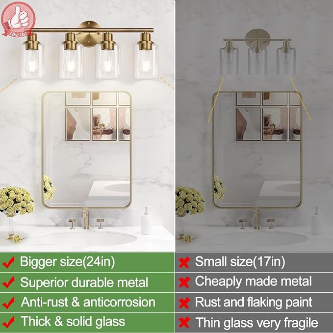 4-Light Bathroom Light Fixtures, Brushed Brass Modern Vanity Lights - Image 3