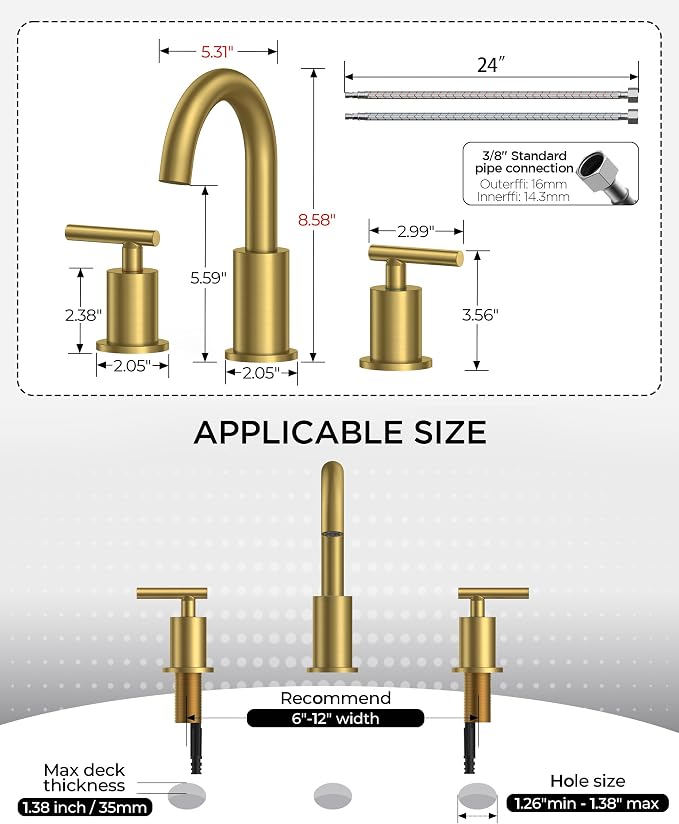 FORIOUS 2 Pack 8 Inch Widespread Brushed Gold Bathroom Faucet 3 Hole, 2 Handle - Image 8