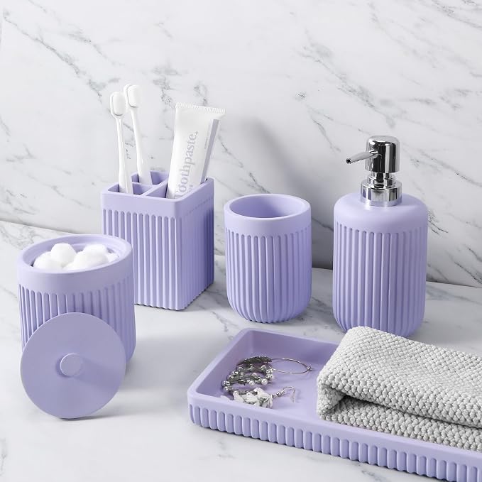 Resin Light Purple Bathroom Accessories Set 5 Pcs, Lotion Soap Dispenser by BetterbathroomwithXLHOME