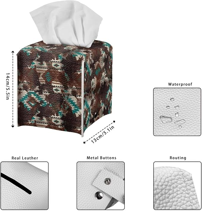 Aztec Cowhide Minimalist Tissue Box Holder, Square PU Leather Napkin Organizer - Image 7