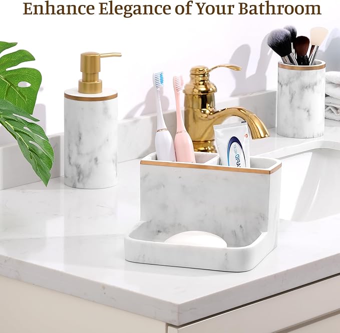 Shinowa Bathroom Accessories Set, Marble Look Toothbrush Holder and Soap - Image 7