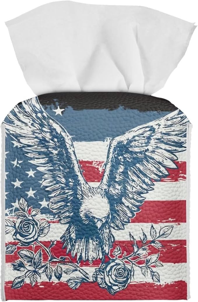 American Flag Eagle Tissue Box Holder Waterproof PU Leather Square Modern by Pzuqiu