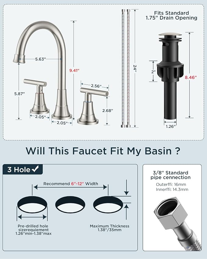 FORIOUS Brushed Nickel Bathroom Faucet 3 hole, 2 Handle 360° Swivel Gooseneck 8 - Image 6