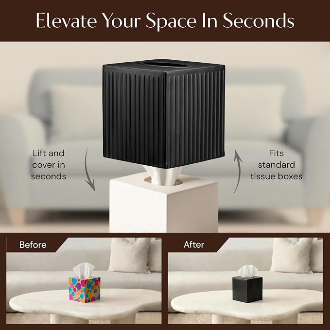 Monarch Abode Tissue Box Cover Square – Handcrafted Ridge Embossed Black Metal - Image 6