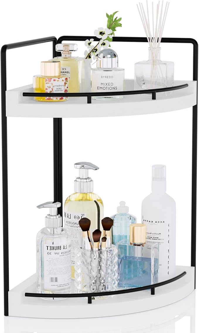 Corner Bathroom Counter Organizer, 2 Tier Wood Vanity Storage, Waterproof by CeleVista