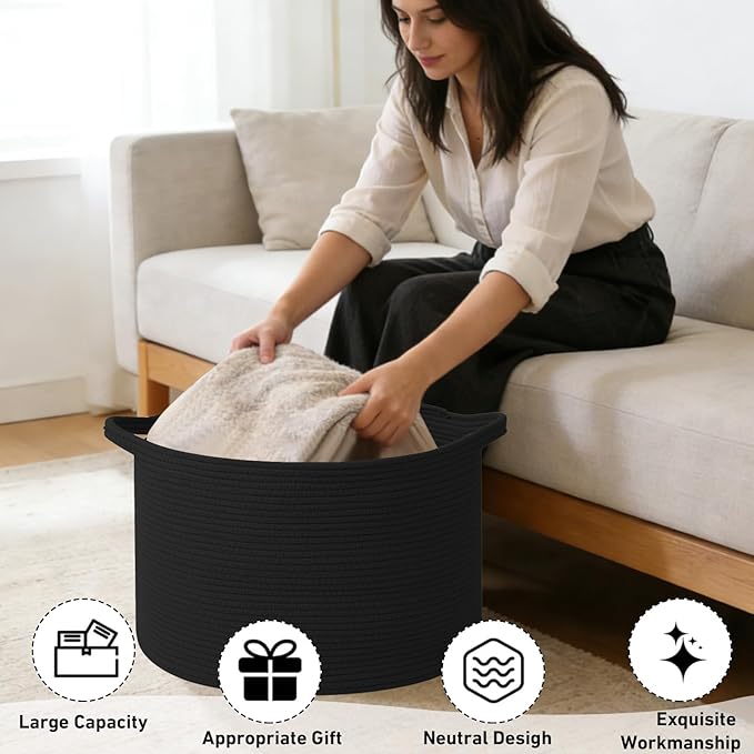 65L Large Blanket Basket, 19.7" L x 19.7" W x 13" H Rope Woven Baskets - Image 4