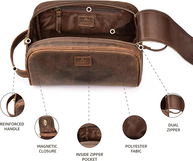 King-Size Premium Leather Toiletry Travel Pouch – Handcrafted Vintage Dopp Kit - Image 5