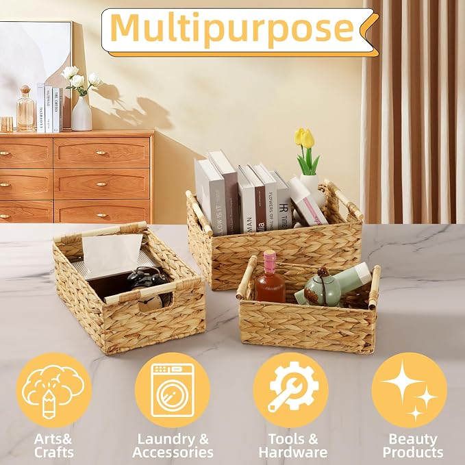 Wicker Storage Baskets for Organizing 3 Pack, Natural Water Hyacinth Ratten - Image 4