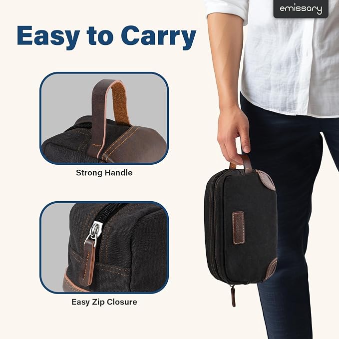 emissary Men's Toiletry Bag, Leather and Canvas Travel Toiletry Bag, Dopp Kit - Image 3