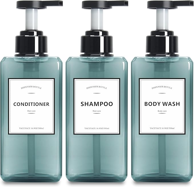 Soap Dispenser Bathroom, YACEYACE 16.9oz Set of 3 Clear Blue Shampoo Bottles by YACEYACE