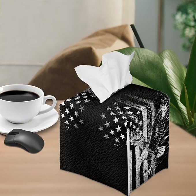 American Flag Eagle Portable Tissue Box Holder, Lightweight PU Leather Square - Image 4