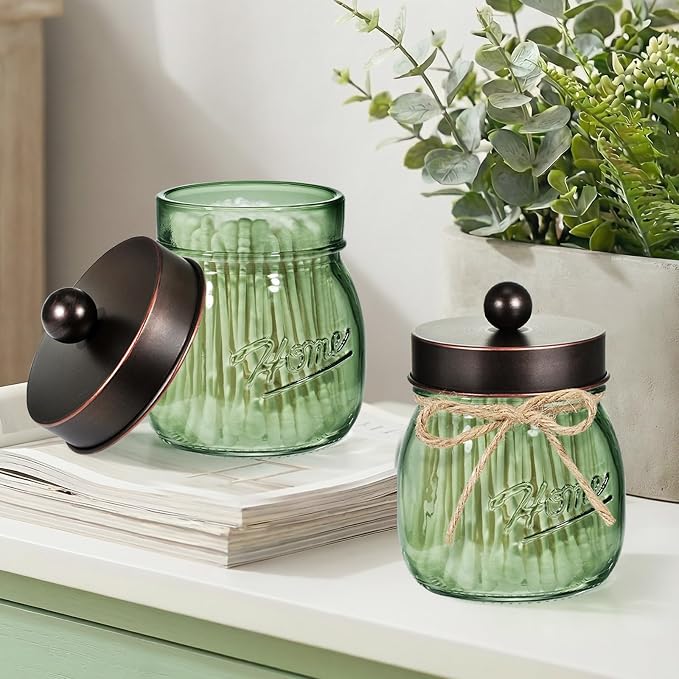SheeChung Green Glass Qtip Holder Dispenser, Mason Jar Apothecary Jars - Image 4