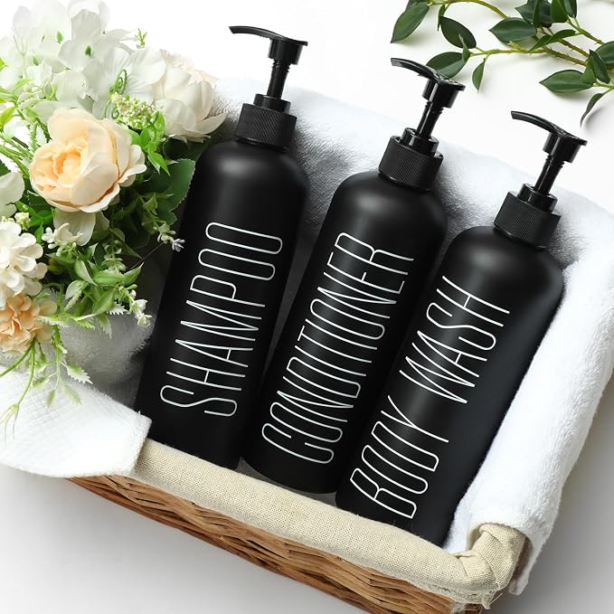 HOMCDALY Black Shampoo and Conditioner Dispenser, 16oz 3-Pack Refillable Pump - Image 2