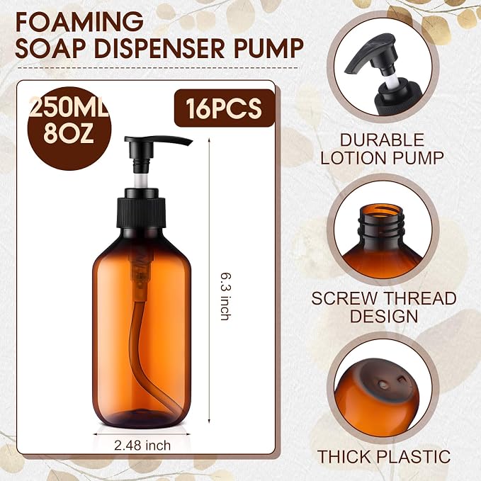 Uiifan 16 Pcs 8.5 oz Amber Foaming Soap Dispenser Refillable Foam Pump Bottle - Image 2