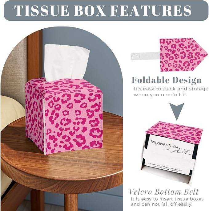 Leopard Print Tissue Box Cover Cute Animal Pink Square PU Leather Waterproof - Image 2