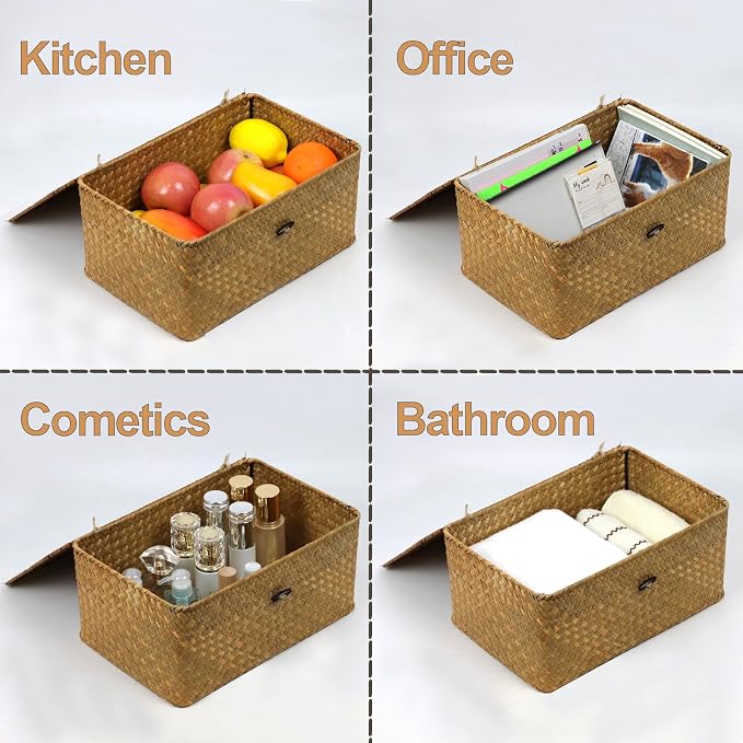 Wicker Storage Basket with Lid, Natural Seagrass Woven Shelf Basket - Image 2