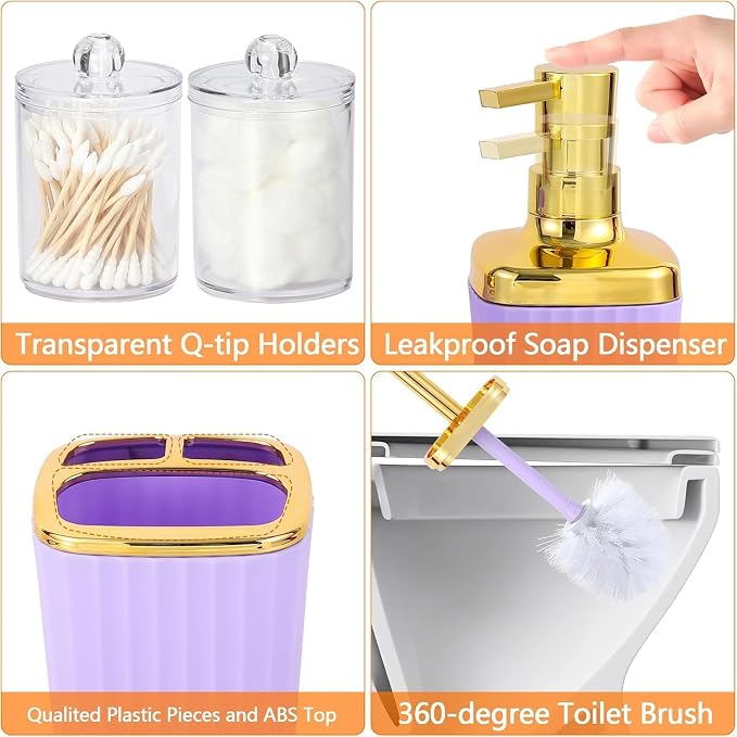Purple Bathroom Set, Trash Can, Toothbrush Holder, Soap Dispensers, Toothbrush - Image 8