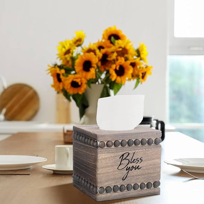 Bless You Beaded Square Tissue Box Cover, Rustic Farmhouse Vintage Wooden - Image 3