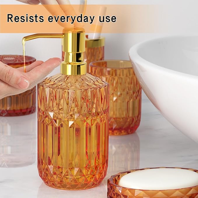 Orange Glass Bathroom Accessories Set 5 Pcs, Soap Dispenser and Toothbrush - Image 5