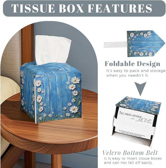 White Flowers Daisy Tissue Box Cover Rustic Floral Wooden Square PU Leather - Image 2