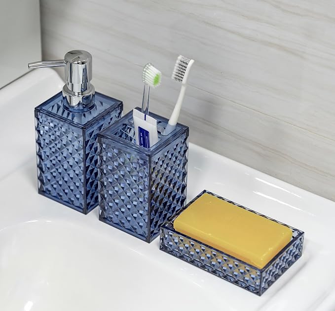Blue Bathroom Accessories Set, Diamond Pattern Bathroom Soap Dispenser and - Image 8